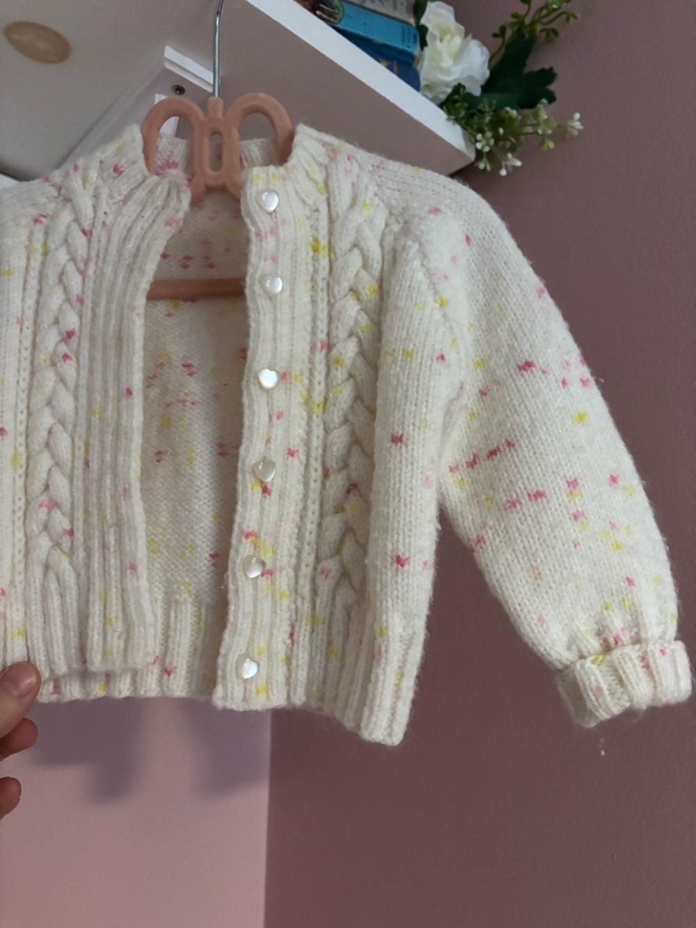 Handmade / Baby Girls Cream Knit Cardigan with Pink & Yellow Speckles